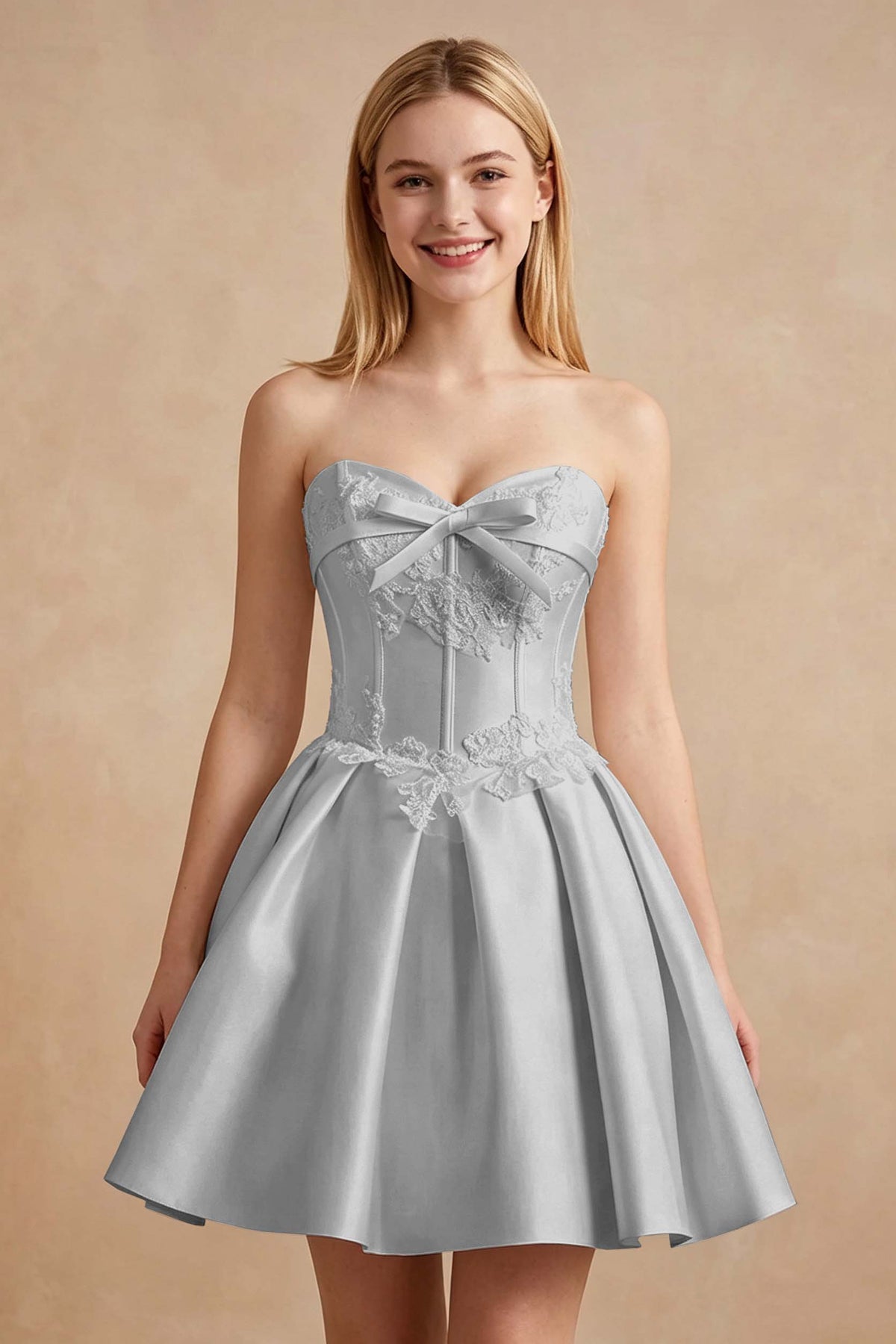 White Strapless Satin Corset Short Homecoming Dresses with Bow