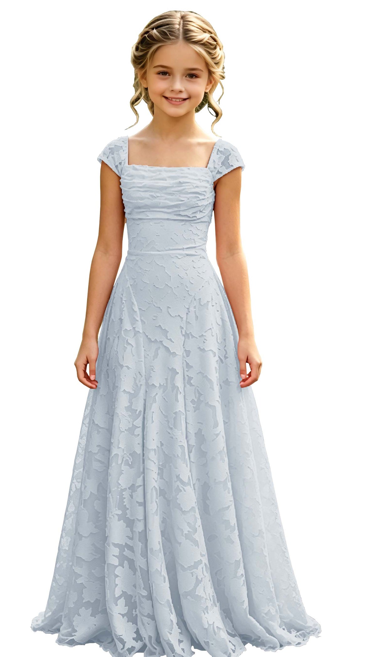 Elegance Blush Pink Lace Cap Sleeve A-Line Flower Girl Dress with Lace-Up Back