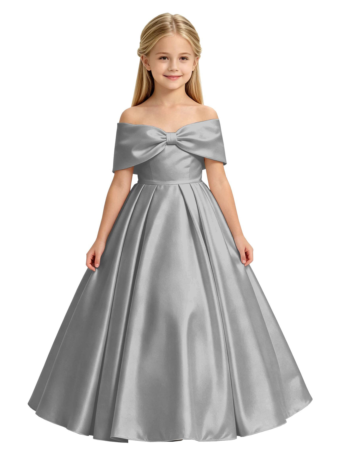 Off-the-Shoulder Satin Ball Gown Flower Girl Dress with Big Back Bow