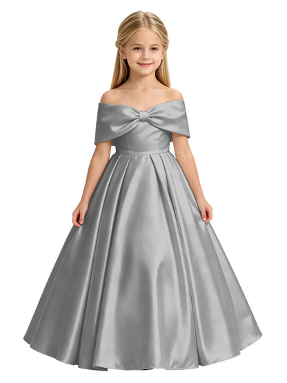 Off-the-Shoulder Satin Ball Gown Flower Girl Dress with Big Back Bow
