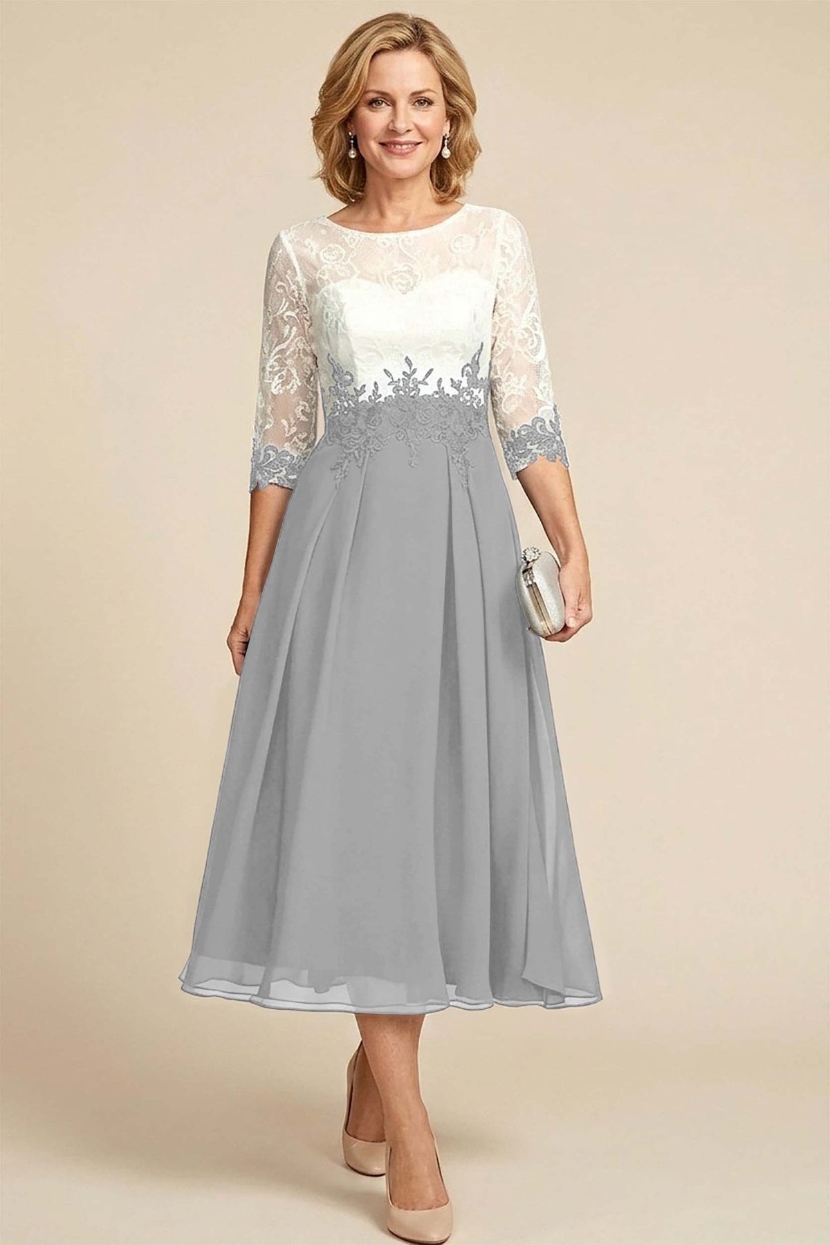 Navy Blue 3/4 Sleeve Two-Tone Lace Chiffon Mother Dresses