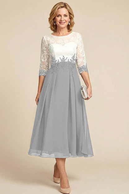 Navy Blue 3/4 Sleeve Two-Tone Lace Chiffon Mother Dresses