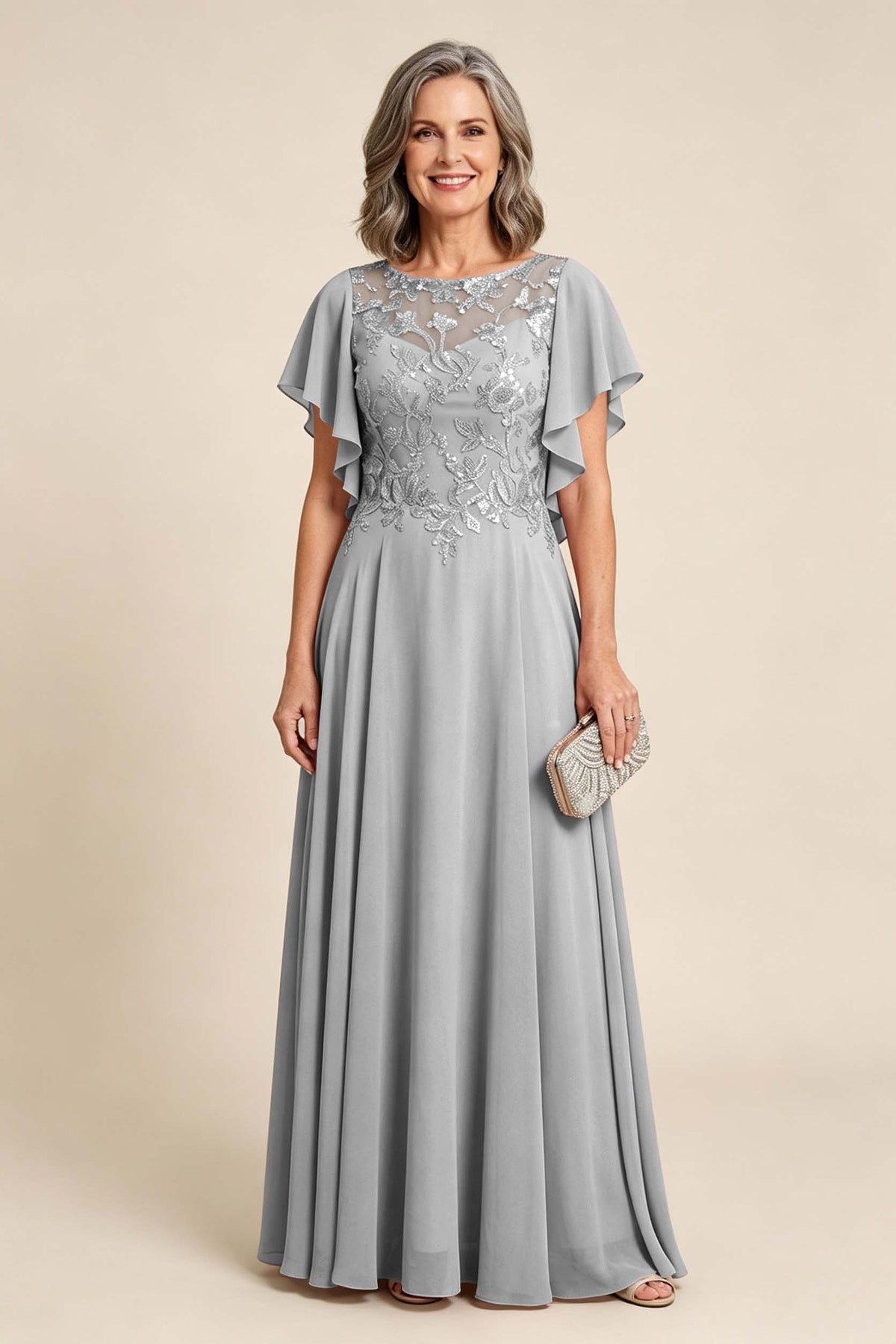 Lilac Scoop Neck Flutter Sleeve Lace Appliques Chiffon Mother Dresses