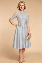 Champagne Imitation Stretch Satin Elbow Sleeve Tea-Length Mother Dresses