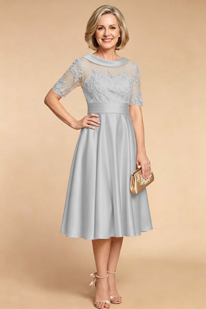 Champagne Imitation Stretch Satin Elbow Sleeve Tea-Length Mother Dresses