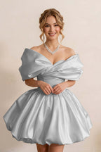Ivory Off-the-Shoulder Bubble Hem Satin Homecoming Dresses
