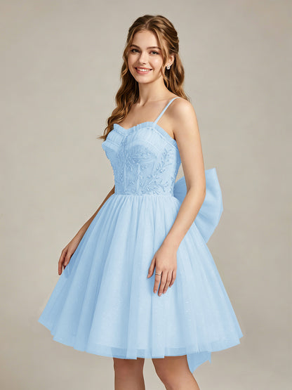 A-Line Light Cyan Sweetheart Tulle Homecoming Dresses with Lace Appliques