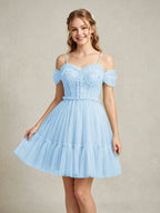 Cold Shoulder Lilac Tulle Dresses with Corset Bodice and Lace Appliques