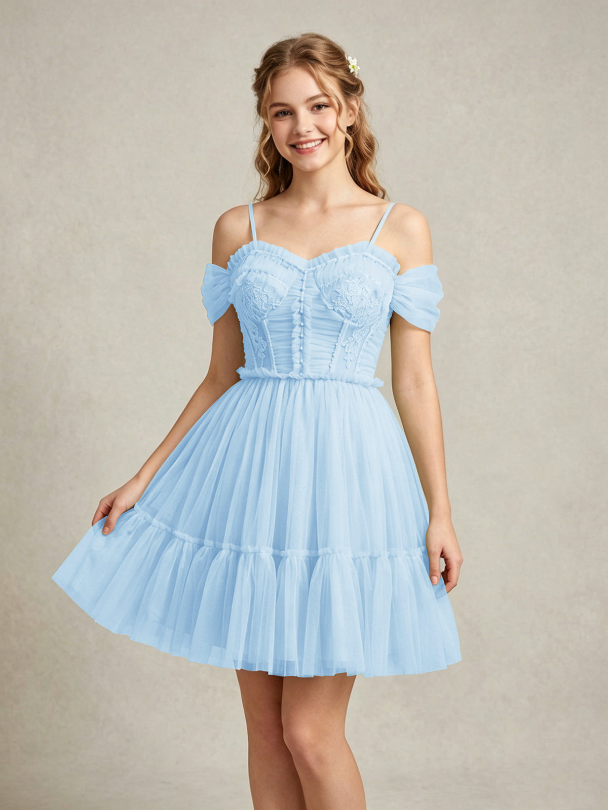 Cold Shoulder Lilac Tulle Dresses with Corset Bodice and Lace Appliques