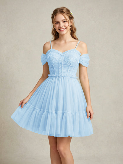 Cold Shoulder Lilac Tulle Dresses with Corset Bodice and Lace Appliques