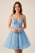 Blush Pink Sequin Corset Sleeveless Short Tulle Homecoming Dresses
