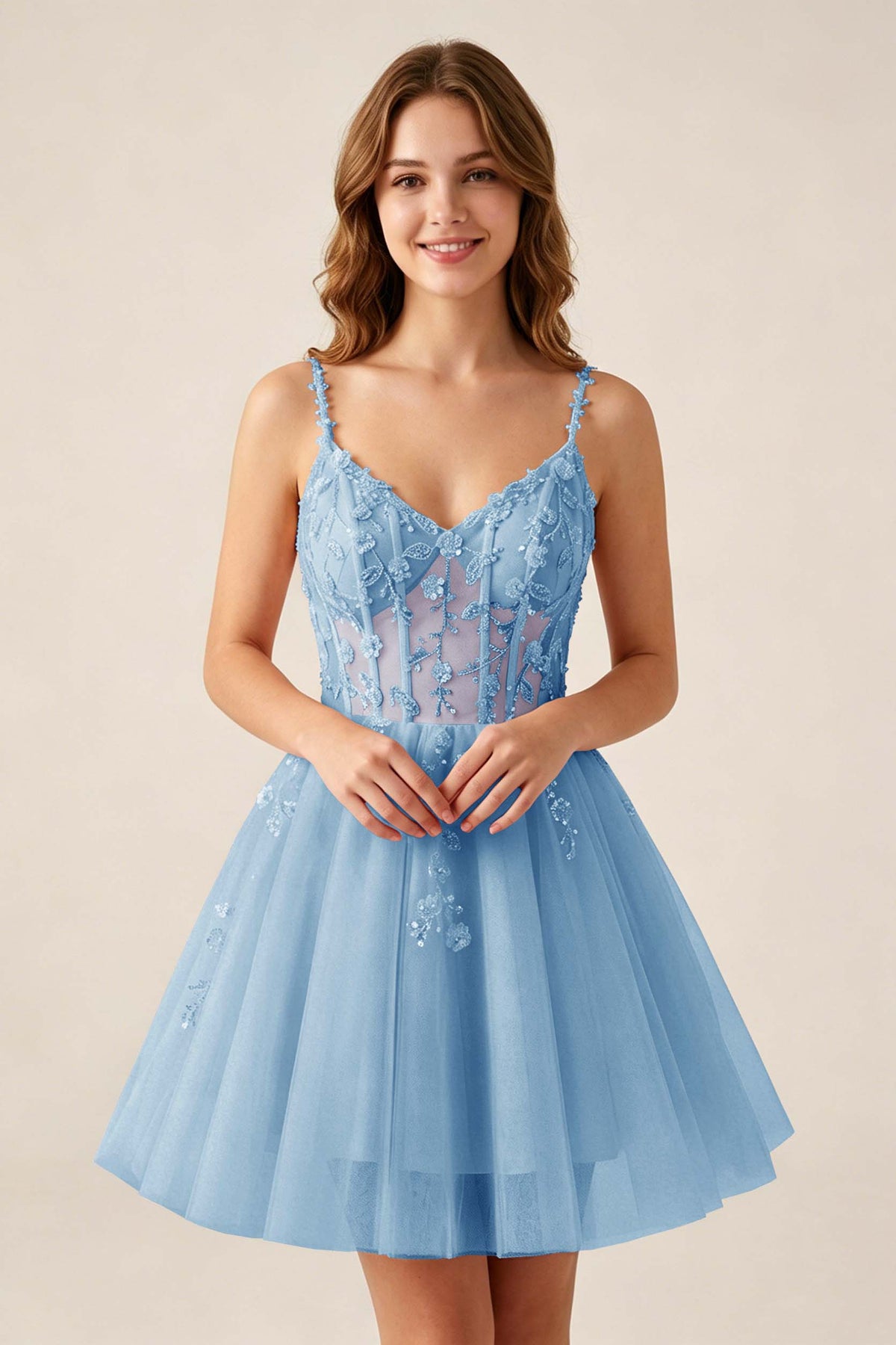 Blush Pink Sequin Corset Sleeveless Short Tulle Homecoming Dresses