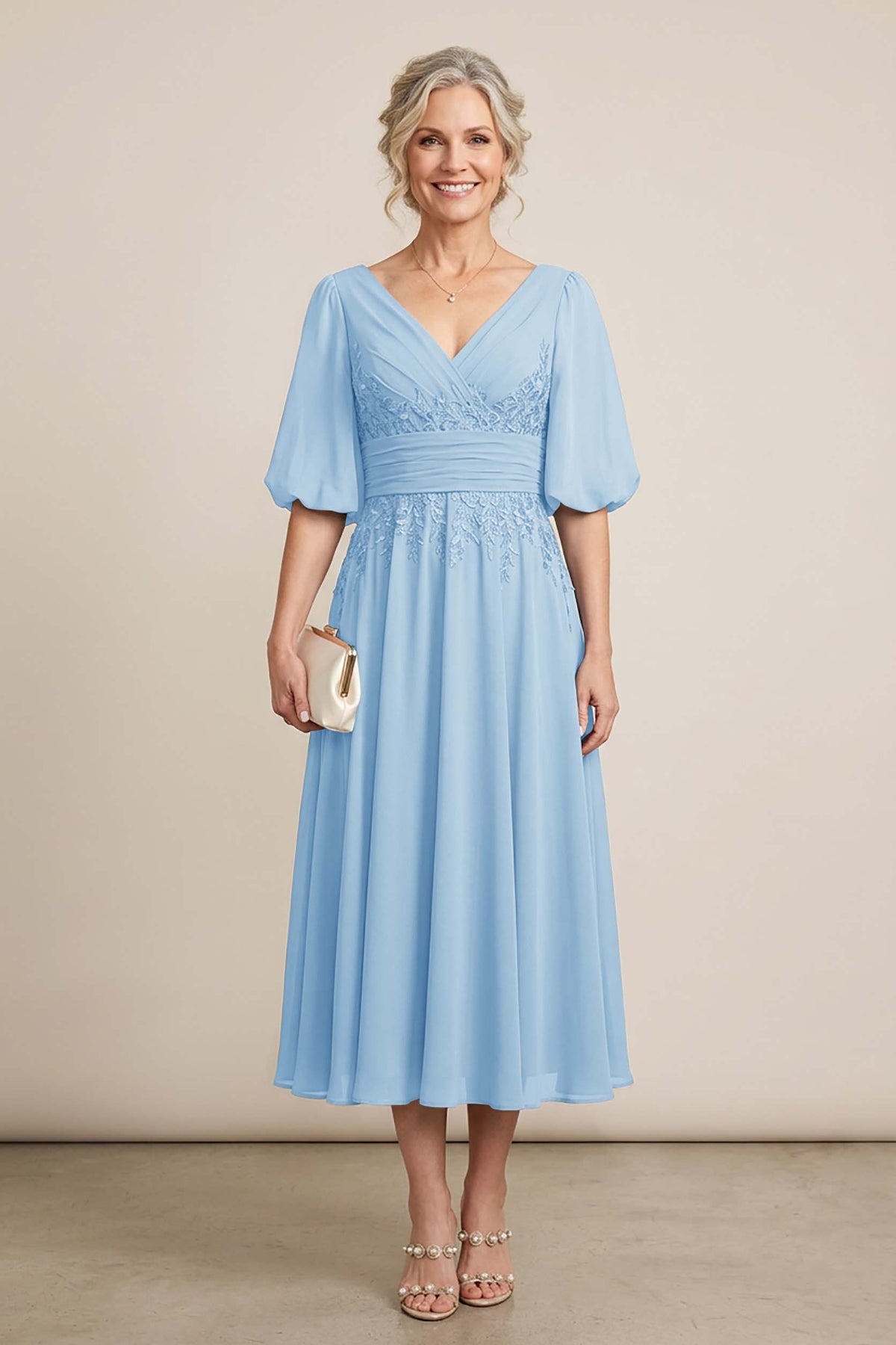 Dusty Blue V-Neck Lace Chiffon Tea-Length Mother Dresses
