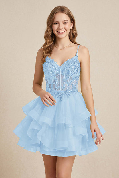 Mint Green Sequin Corset Tiered Tulle Mini Homecoming Dresses