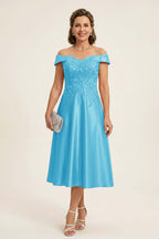 Peach Pink Off Shoulder Imitation Stretch Satin Tea-Length Mother Dresses