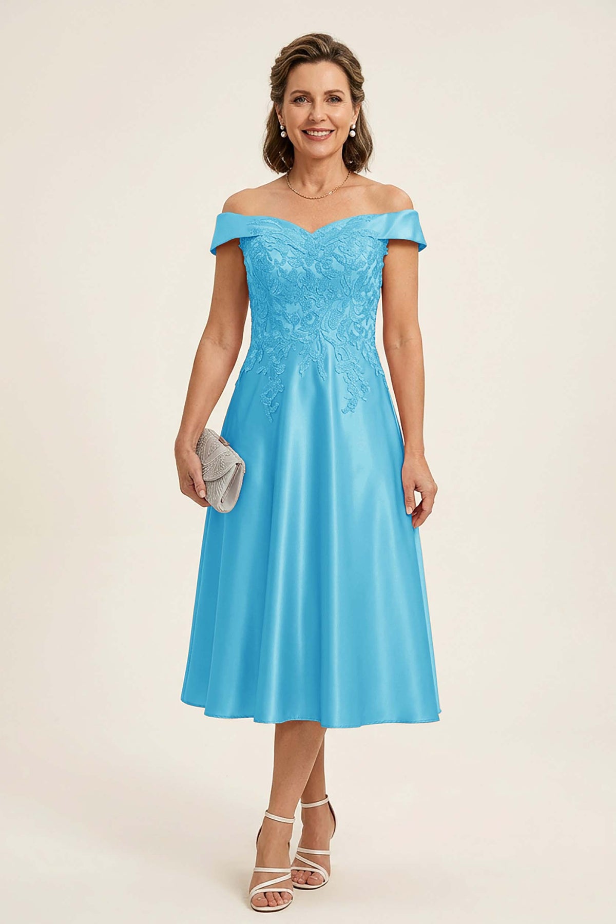 Peach Pink Off Shoulder Imitation Stretch Satin Tea-Length Mother Dresses