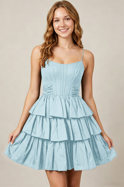 Spaghetti Straps Black Taffeta Tiered Mini Homecoming Dresses