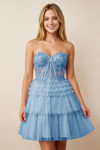 Strapless Misty Rose Lace Illusion Corset Glitter Tulle Homecoming Dresses
