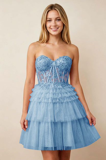 Strapless Misty Rose Lace Illusion Corset Glitter Tulle Homecoming Dresses