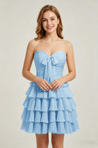 Strapless Yellow Chiffon Tiered Short Homecoming Dresses with Bow