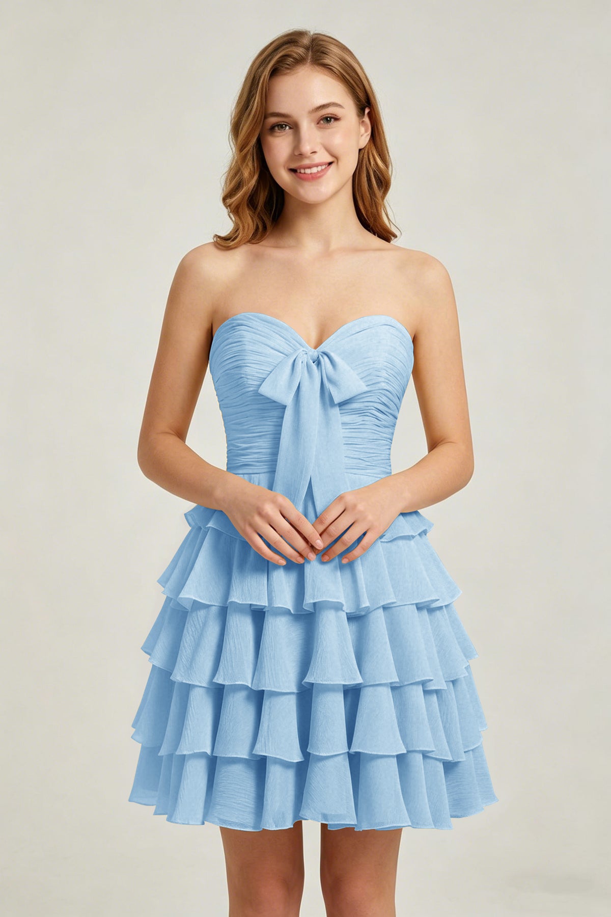 Strapless Yellow Chiffon Tiered Short Homecoming Dresses with Bow