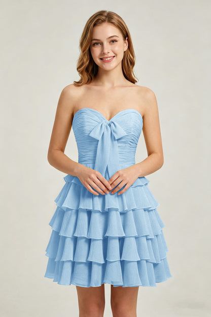 Strapless Yellow Chiffon Tiered Short Homecoming Dresses with Bow