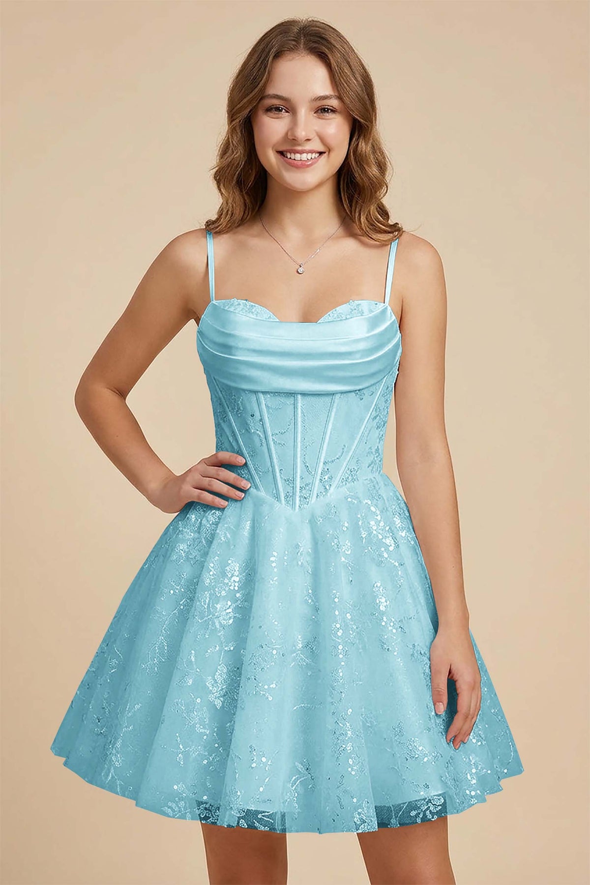 White Cowl Neck Sequin Satin Corset Homecoming Dresses