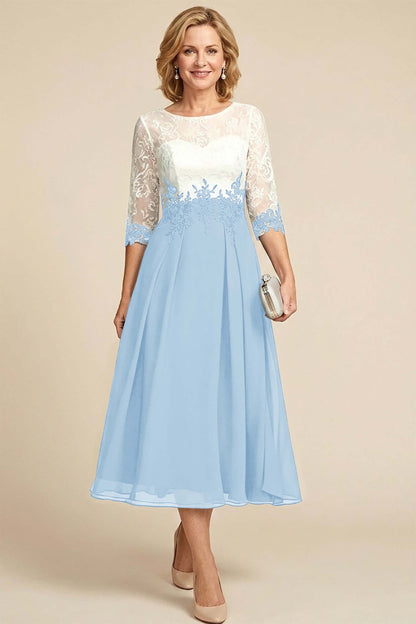 Navy Blue 3/4 Sleeve Two-Tone Lace Chiffon Mother Dresses