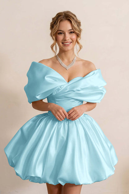 Ivory Off-the-Shoulder Bubble Hem Satin Homecoming Dresses