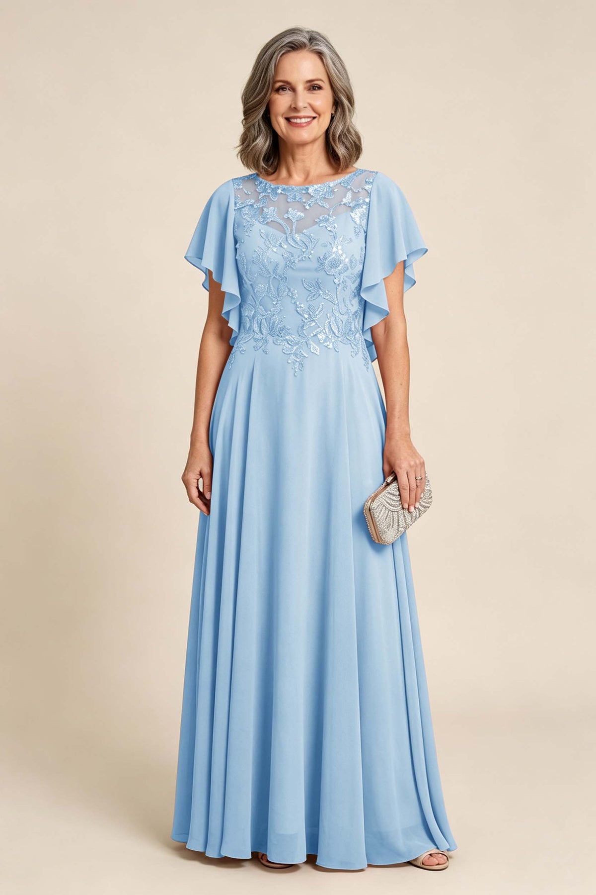 Lilac Scoop Neck Flutter Sleeve Lace Appliques Chiffon Mother Dresses