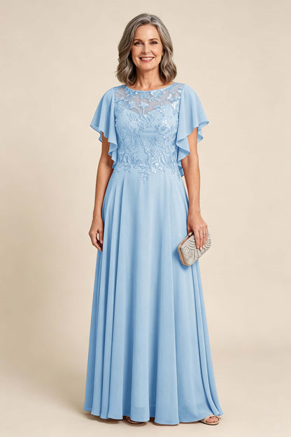 Lilac Scoop Neck Flutter Sleeve Lace Appliques Chiffon Mother Dresses