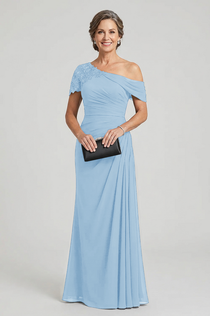 Black One-Shoulder Beaded Ruched Chiffon Mother Dresses