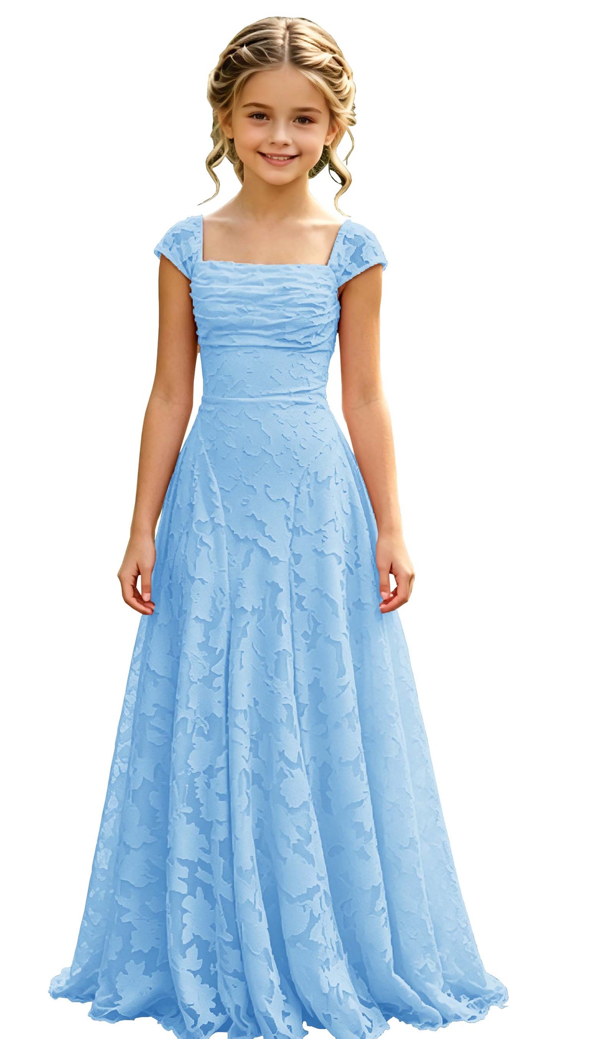 Elegance Blush Pink Lace Cap Sleeve A-Line Flower Girl Dress with Lace-Up Back