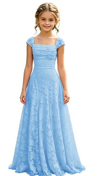 Elegance Blush Pink Lace Cap Sleeve A-Line Flower Girl Dress with Lace-Up Back