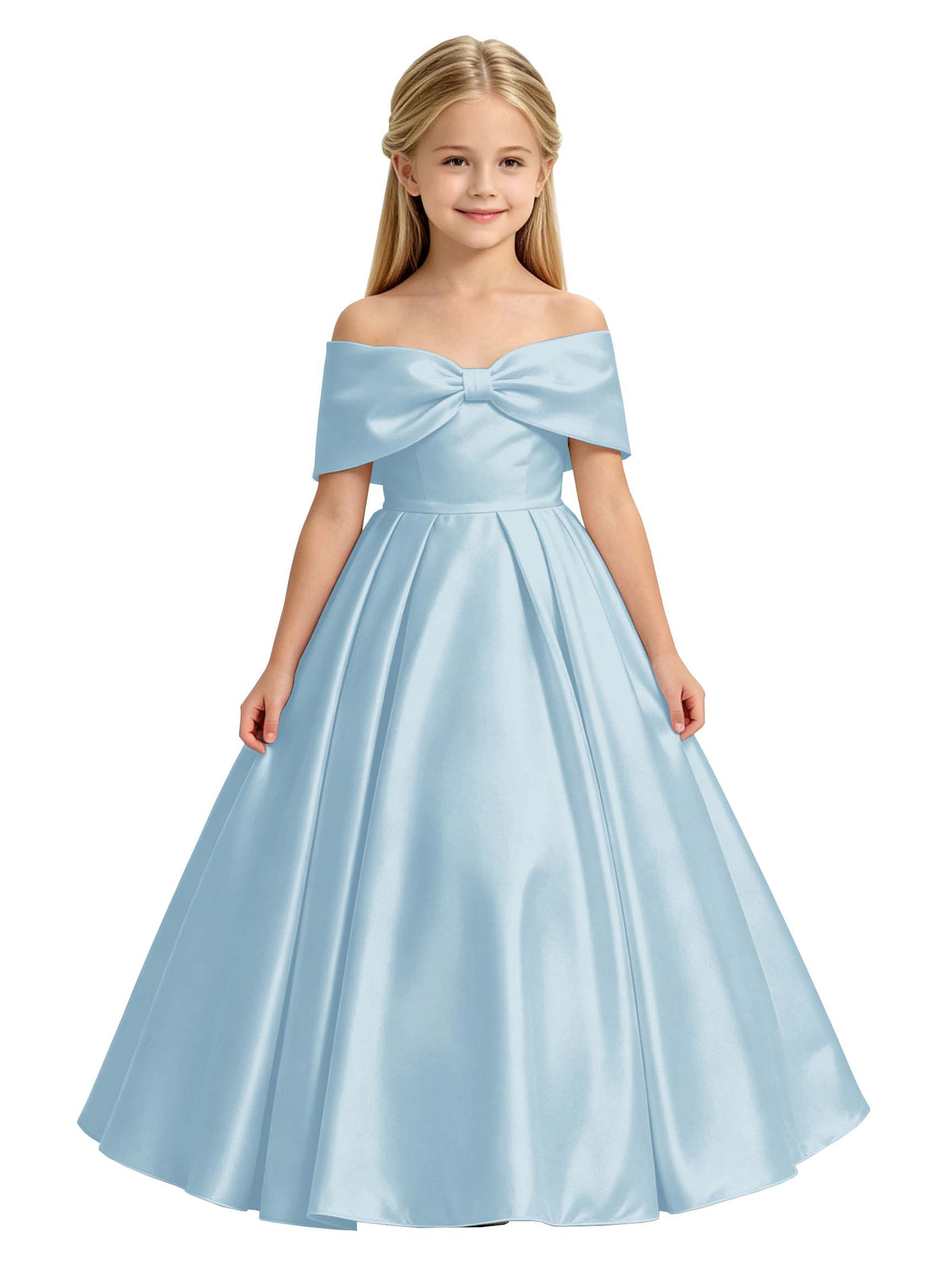 Off-the-Shoulder Satin Ball Gown Flower Girl Dress with Big Back Bow