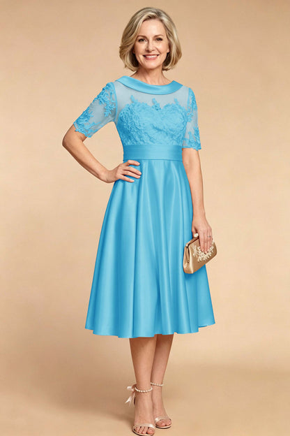 Champagne Imitation Stretch Satin Elbow Sleeve Tea-Length Mother Dresses