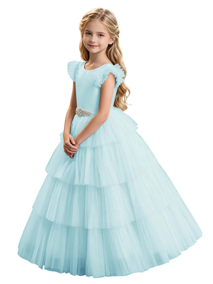 Sky Blue Tiered Tulle Flower Girl Dress with Rhinestone Belt & V-Back