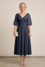 Dusty Blue V-Neck Lace Chiffon Tea-Length Mother Dresses
