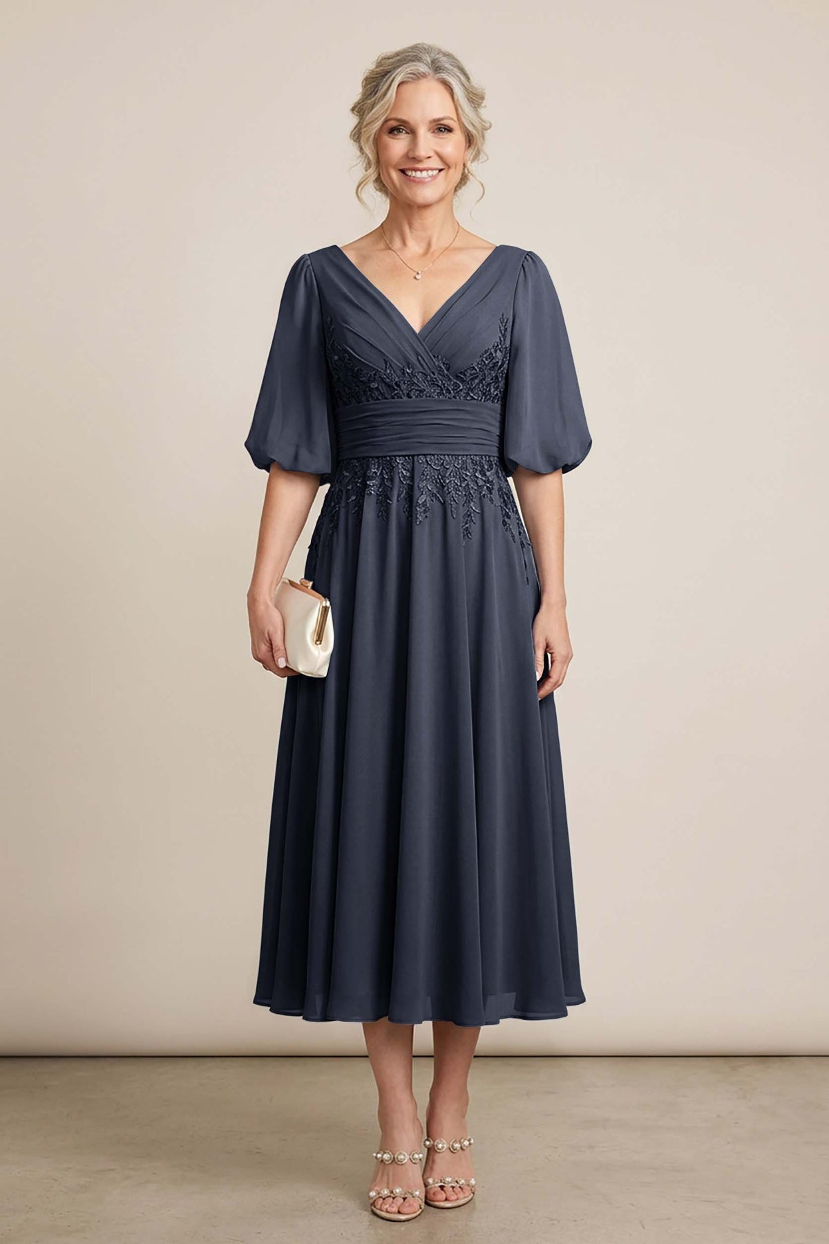 Dusty Blue V-Neck Lace Chiffon Tea-Length Mother Dresses
