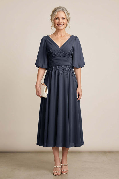 Dusty Blue V-Neck Lace Chiffon Tea-Length Mother Dresses
