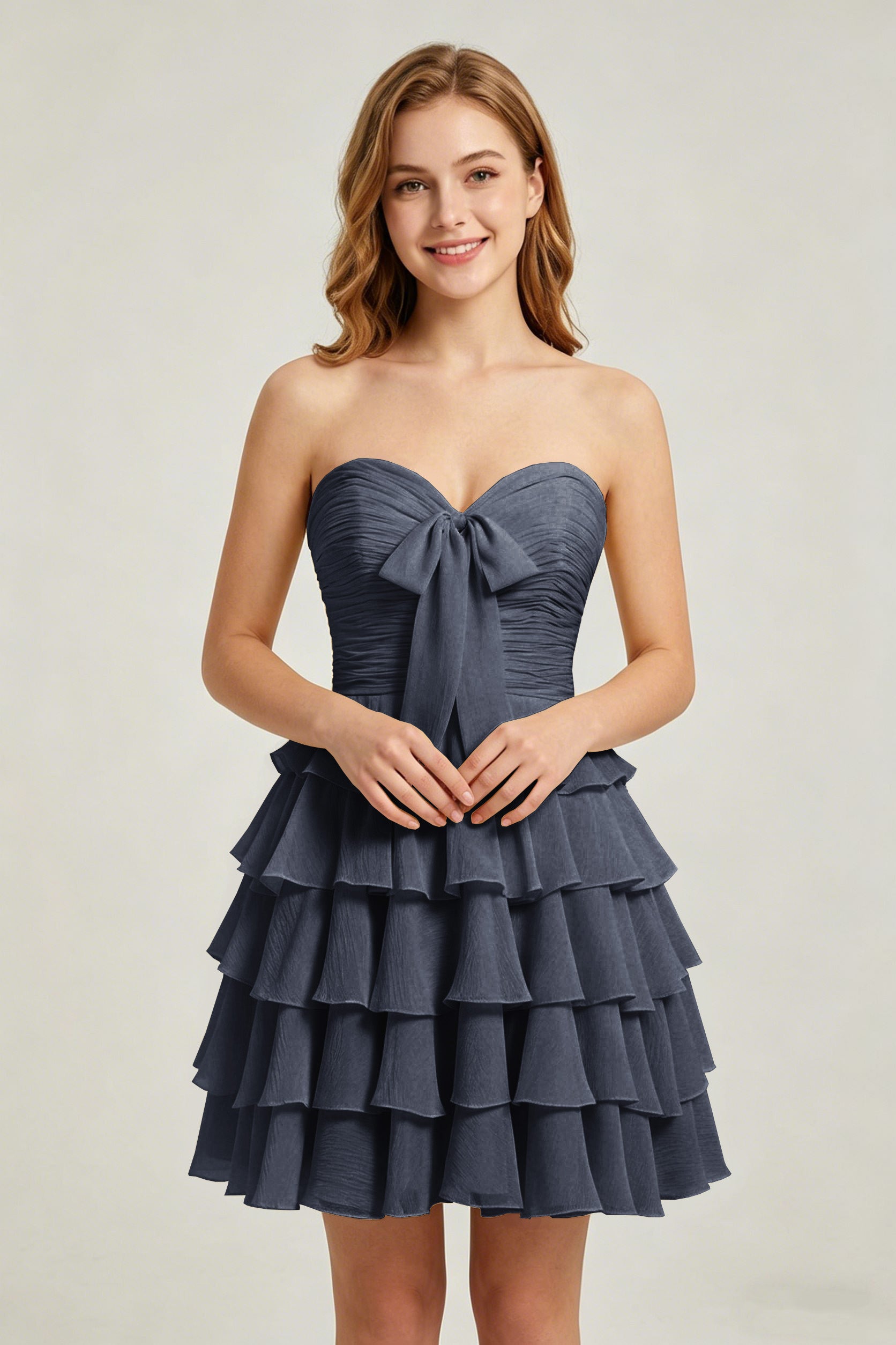 Strapless Yellow Chiffon Tiered Short Homecoming Dresses with Bow