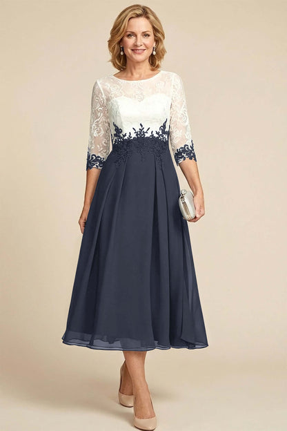 Navy Blue 3/4 Sleeve Two-Tone Lace Chiffon Mother Dresses