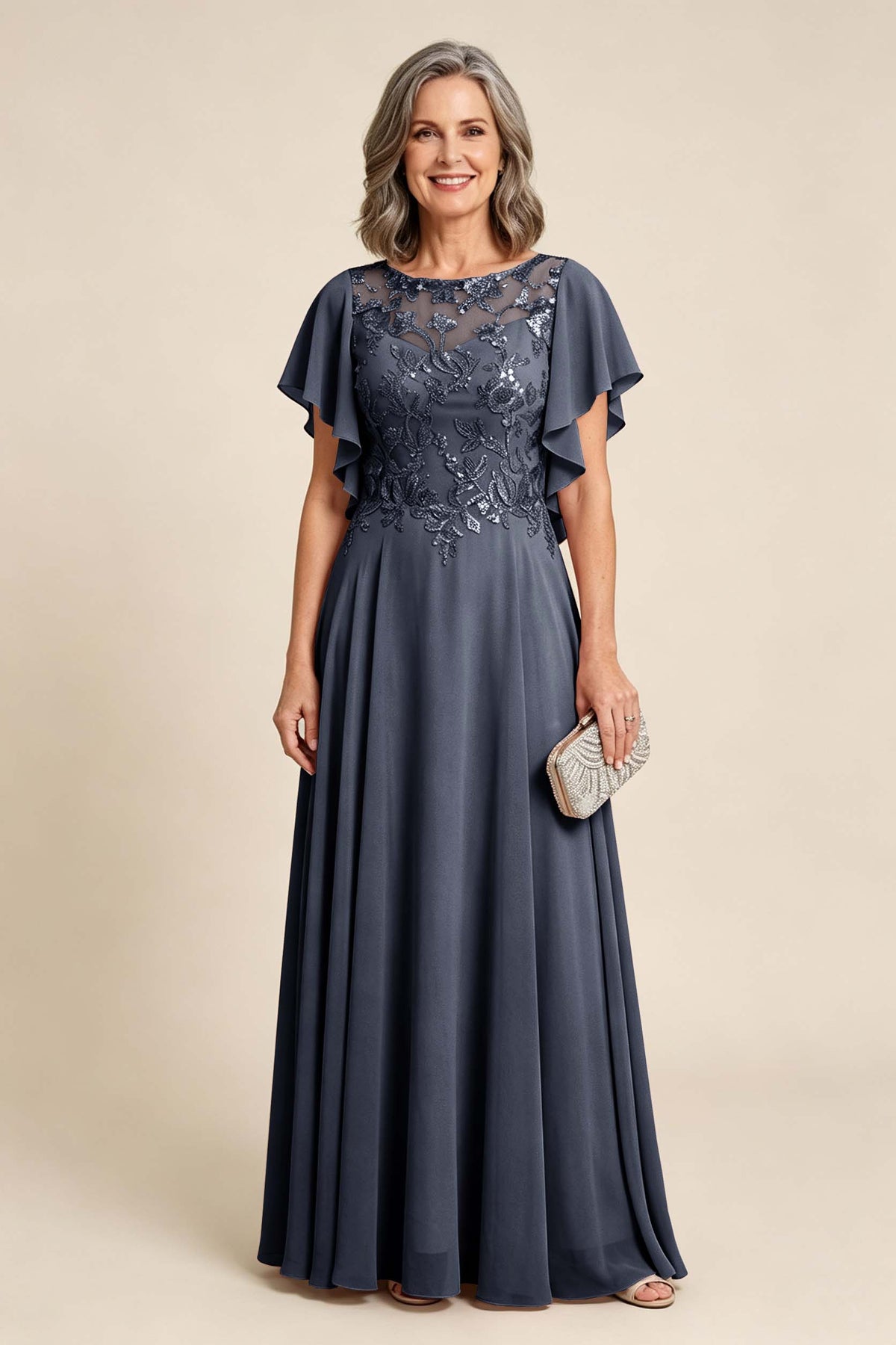 Lilac Scoop Neck Flutter Sleeve Lace Appliques Chiffon Mother Dresses