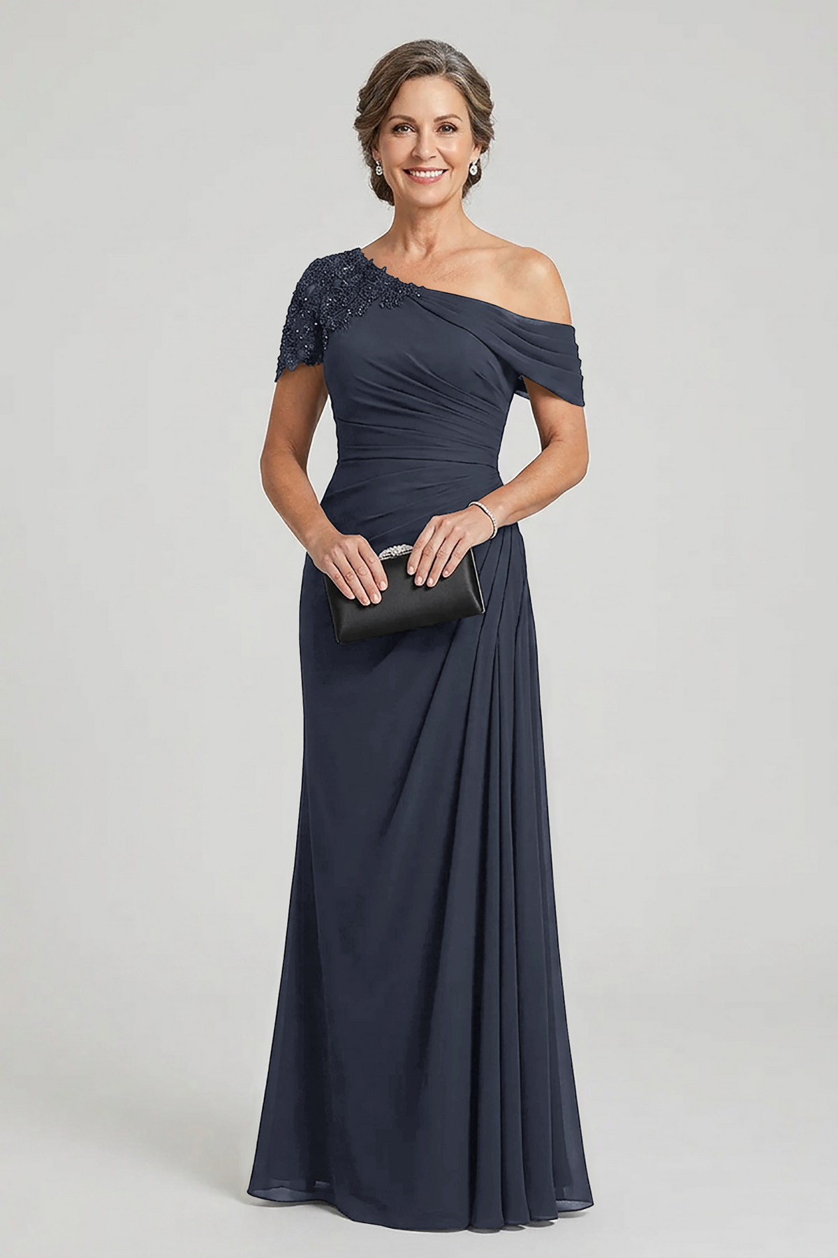 Black One-Shoulder Beaded Ruched Chiffon Mother Dresses