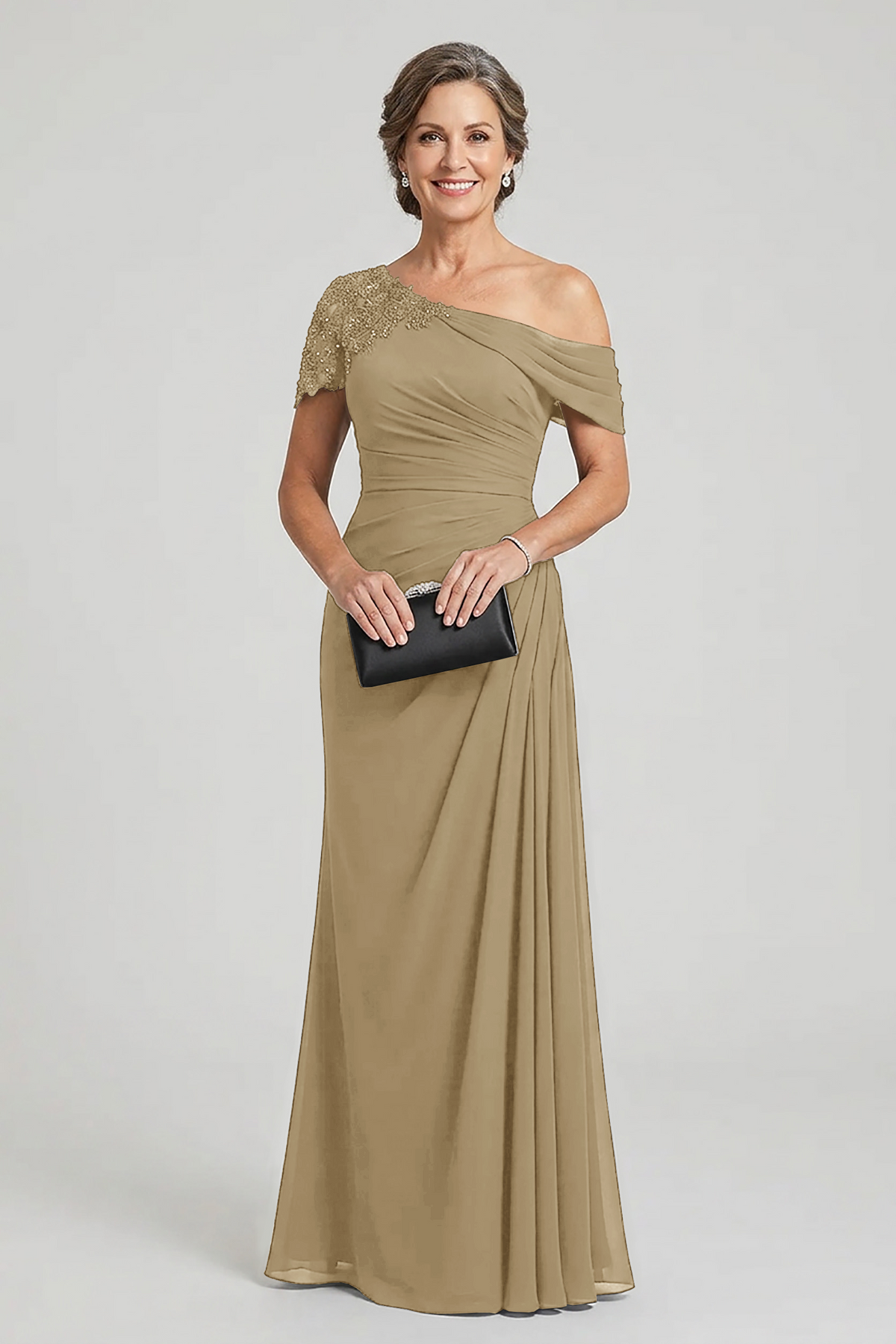 Black One-Shoulder Beaded Ruched Chiffon Mother Dresses