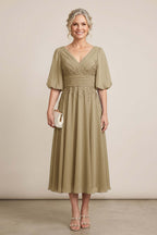 Dusty Blue V-Neck Lace Chiffon Tea-Length Mother Dresses