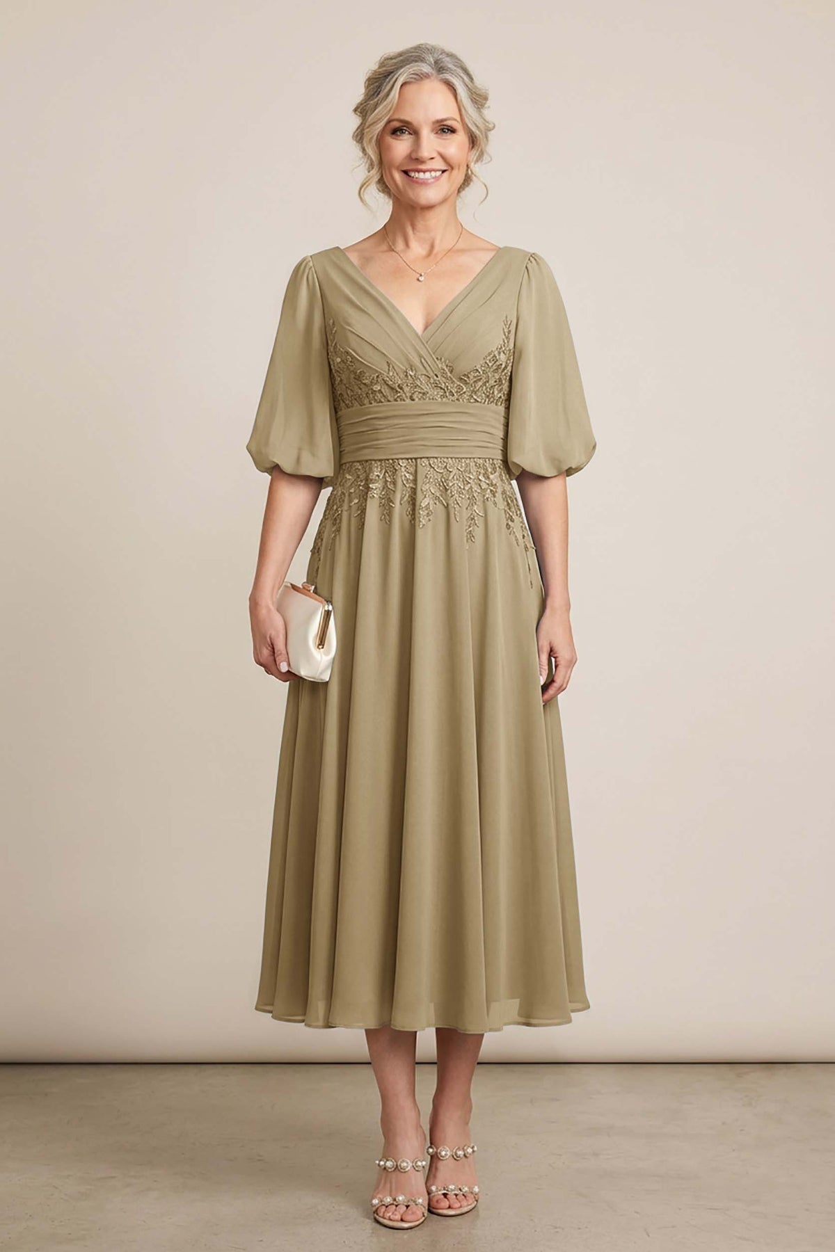 Dusty Blue V-Neck Lace Chiffon Tea-Length Mother Dresses