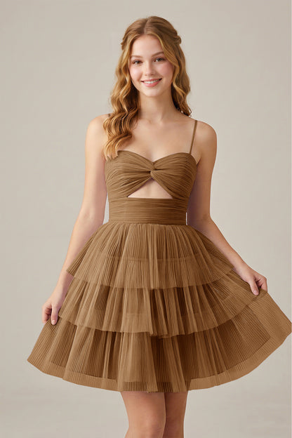 Olive Green Sleeveless Pleated Tulle Cutout Tiered Homecoming Dresses