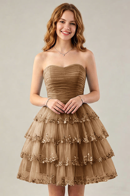 Strapless Light Blue Tulle Tiered Homecoming Dresses with Beaded Lace Trim