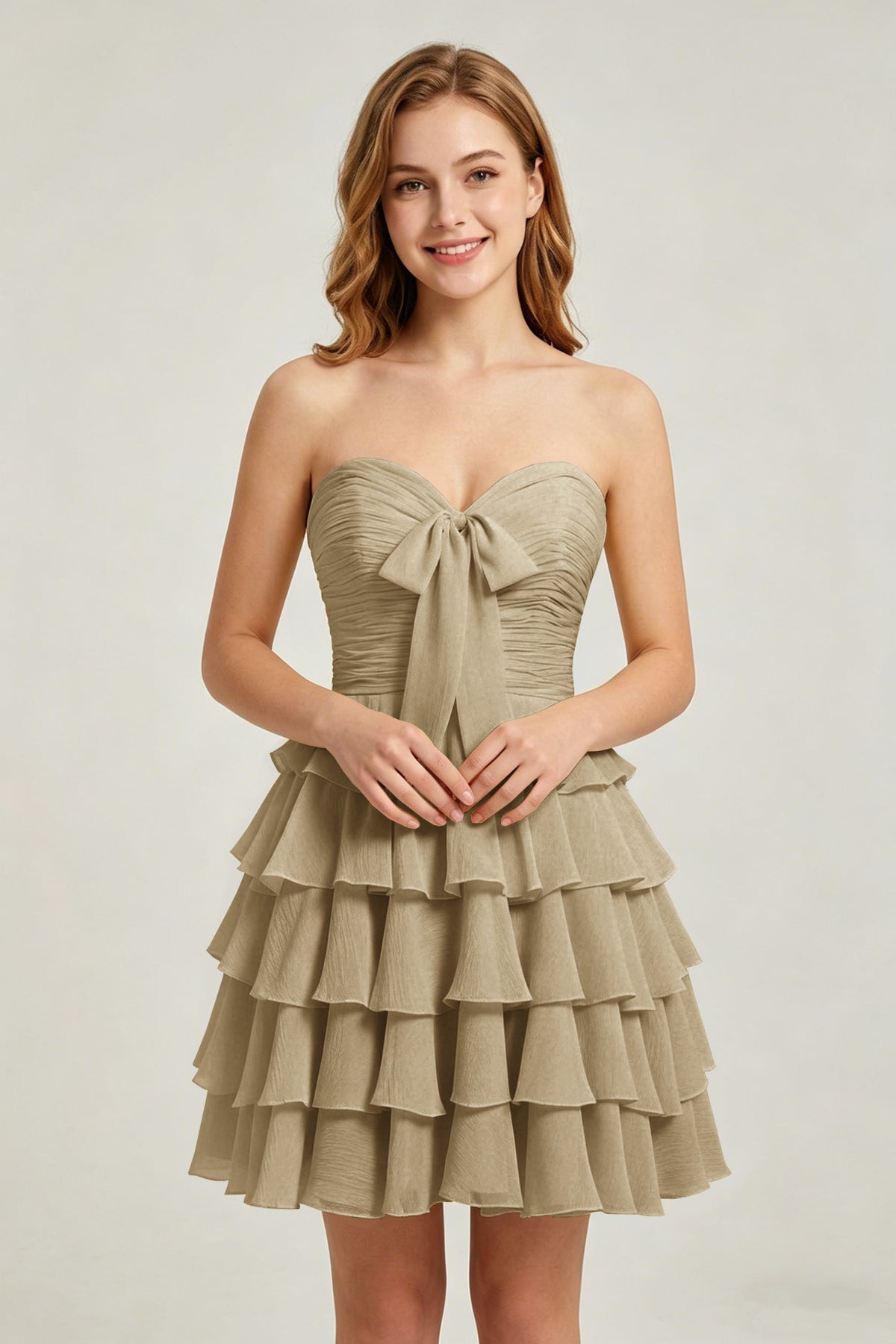 Strapless Yellow Chiffon Tiered Short Homecoming Dresses with Bow